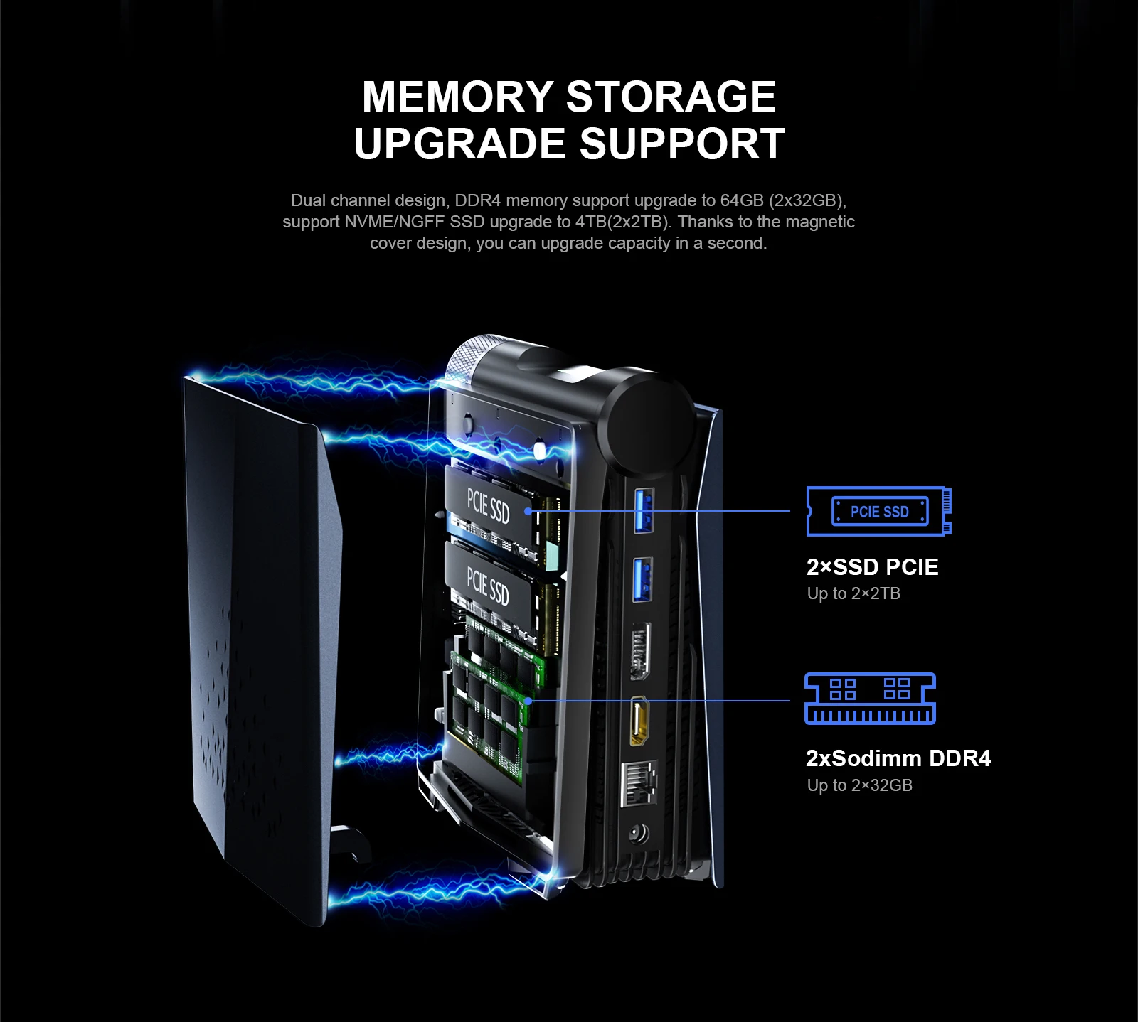 The Chatreey AMR5 Mini PC supports dual-channel DDR4 3200MHz memory and has two M.2 SSD slots. The magnetic side cover makes it easier for you to upgrade and expand.