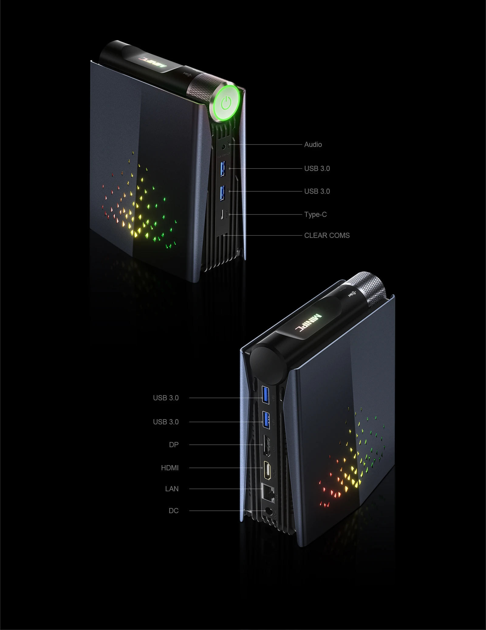 The AMR5 Mini PC has a rich array of interfaces, including four USB 3.0 ports, one DP port, one HDMI port, one fully functional Type-C port, one LAN port, and one 3.5mm audio jack.