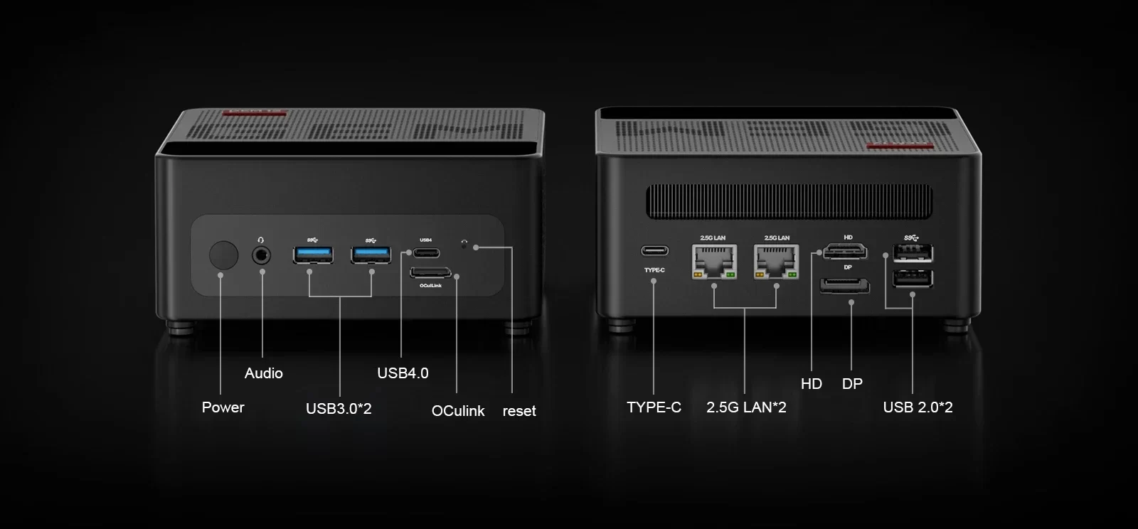 The Chatreey GEM Mini PC has a rich array of interfaces. It features an audio port, two 2.5G Ethernet ports, two USB 3.0 ports, two USB 2.0 ports, one USB 4.0 port, and one OcuLink port to meet all your expansion needs.