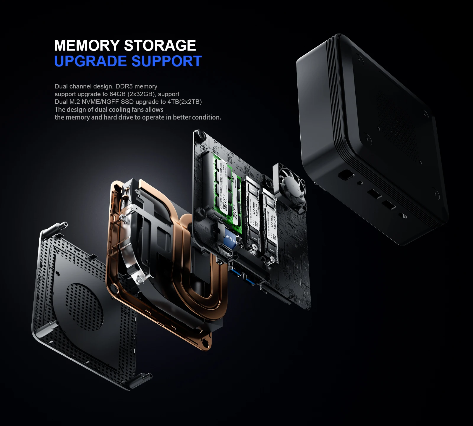 Chatreey F2M Mini PC supports DDR5 5600Mhz dual-channel memory and allows the installation of two M.2 SSDs.